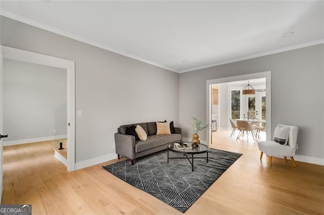 living room featuring wood-type flooring and crown molding