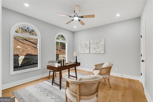 office featuring ceiling fan and light hardwood / wood-style floors