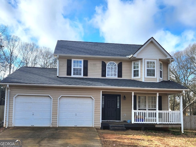 view of front of home featuring a porch and a garage