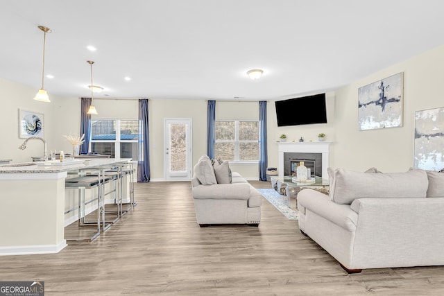 living room featuring light wood-type flooring and sink