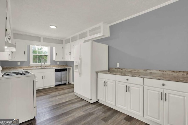 kitchen with sink, crown molding, wood-type flooring, white appliances, and white cabinets