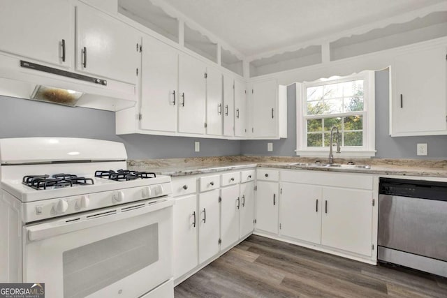 kitchen with dishwasher, white cabinetry, white range with gas cooktop, and sink