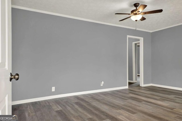 empty room featuring a textured ceiling, hardwood / wood-style flooring, ceiling fan, and crown molding