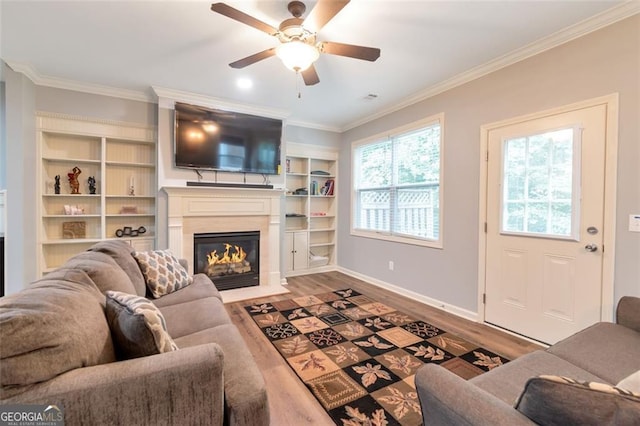 living room featuring hardwood / wood-style flooring, ceiling fan, and ornamental molding