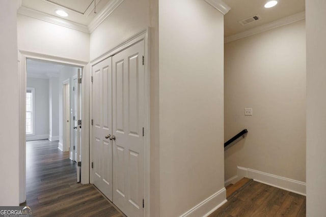 hallway with dark hardwood / wood-style flooring and crown molding