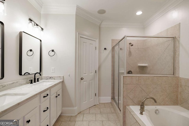 bathroom with vanity, tile patterned flooring, plus walk in shower, and ornamental molding