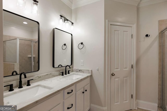 bathroom featuring crown molding, a shower with door, and vanity