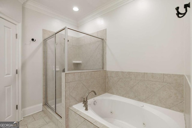 bathroom featuring shower with separate bathtub, tile patterned floors, and crown molding