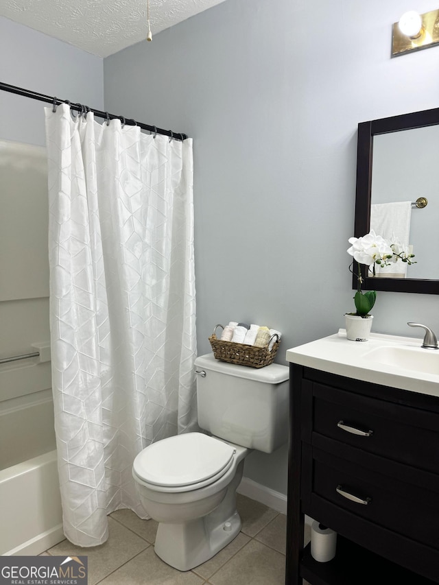 full bathroom featuring vanity, a textured ceiling, shower / bathtub combination with curtain, tile patterned flooring, and toilet