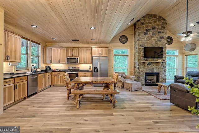 kitchen featuring wooden ceiling, appliances with stainless steel finishes, light hardwood / wood-style floors, and a fireplace