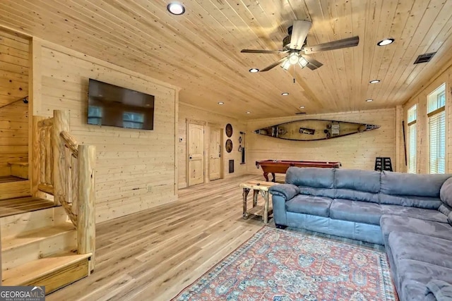 living room with wood ceiling, hardwood / wood-style floors, wood walls, pool table, and lofted ceiling