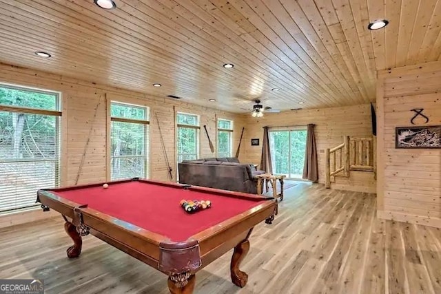 recreation room featuring ceiling fan, wooden ceiling, wood-type flooring, and pool table