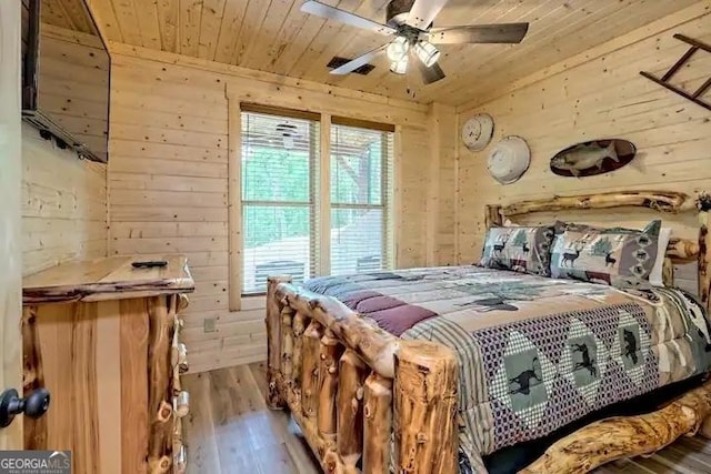 bedroom featuring ceiling fan, wooden ceiling, hardwood / wood-style floors, and wooden walls