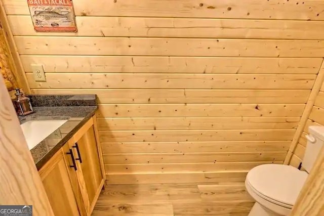 bathroom featuring vanity and wood walls