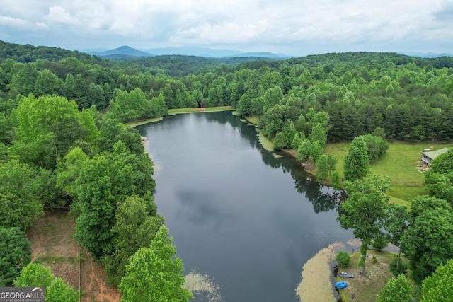 aerial view featuring a water and mountain view