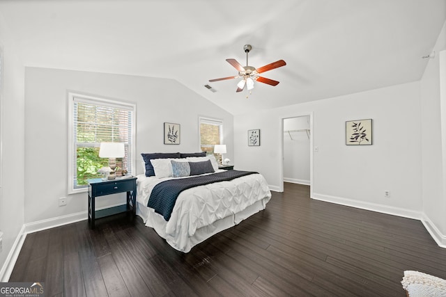 bedroom featuring ceiling fan, a spacious closet, dark hardwood / wood-style floors, a closet, and lofted ceiling