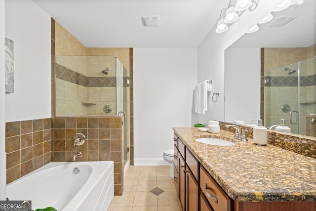 full bathroom with toilet, vanity, tile patterned floors, and plus walk in shower