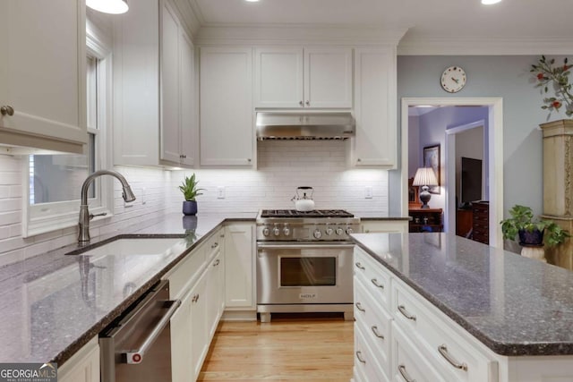 kitchen featuring dark stone counters, white cabinets, sink, tasteful backsplash, and stainless steel appliances