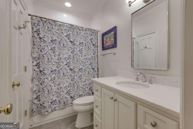 full bathroom with tile patterned flooring, vanity, shower / bath combo, and toilet