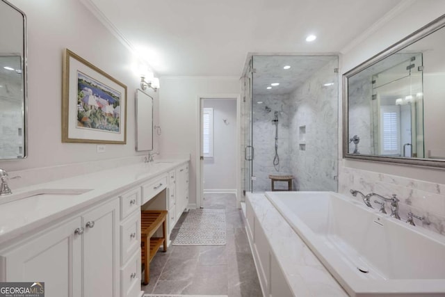 bathroom with shower with separate bathtub, vanity, and crown molding