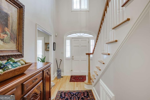 foyer entrance featuring a healthy amount of sunlight, a high ceiling, and light hardwood / wood-style flooring