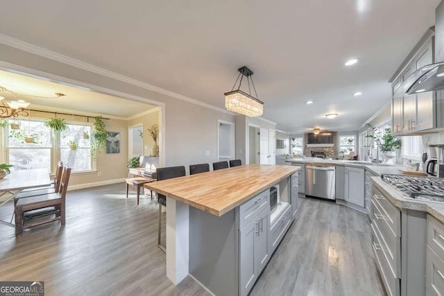 kitchen with decorative light fixtures, stainless steel appliances, an inviting chandelier, gray cabinets, and butcher block countertops