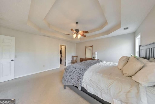 bedroom featuring a raised ceiling, ceiling fan, a spacious closet, and a closet