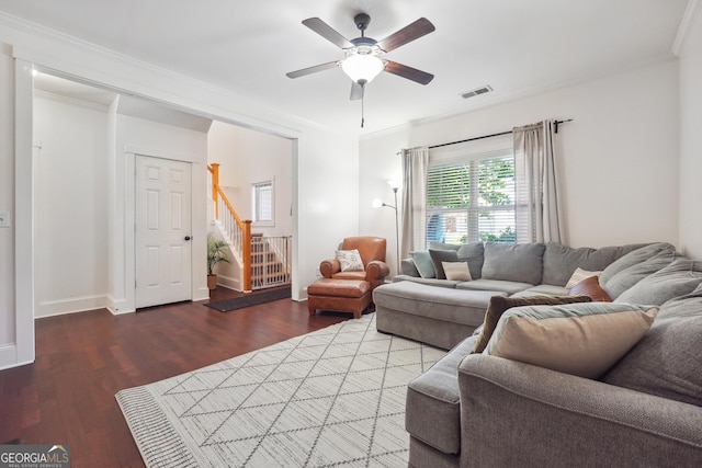 living room featuring ceiling fan, dark hardwood / wood-style floors, and ornamental molding