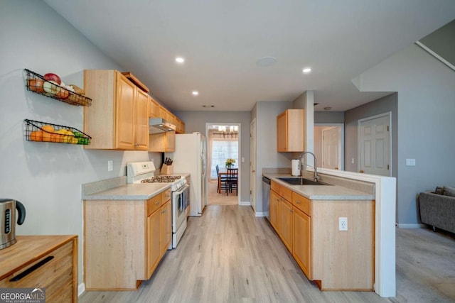 kitchen featuring sink, light hardwood / wood-style floors, white appliances, and light brown cabinets