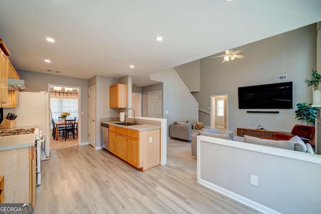 kitchen with dishwasher, sink, ceiling fan, light hardwood / wood-style floors, and white range with gas cooktop