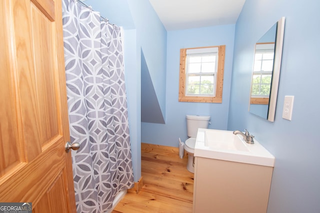 bathroom with toilet, vanity, and hardwood / wood-style flooring