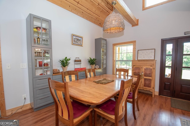 dining area with vaulted ceiling, wood ceiling, and dark hardwood / wood-style floors