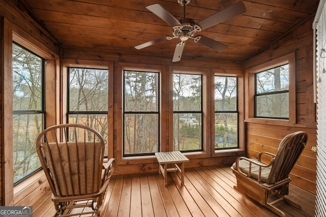 sunroom featuring a wealth of natural light, ceiling fan, and wood ceiling