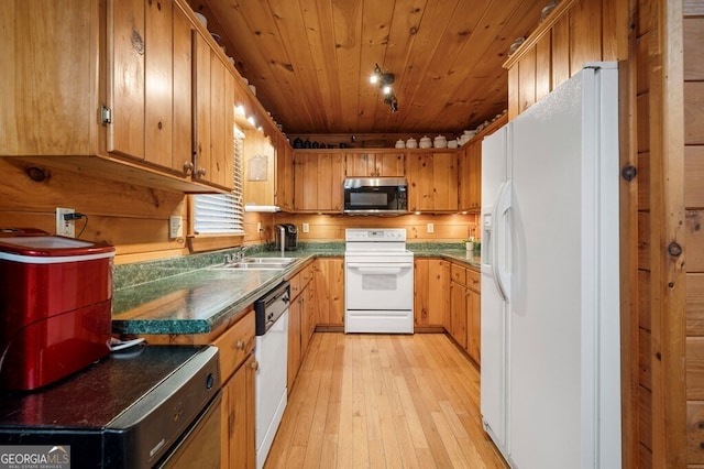 kitchen with sink, wooden ceiling, white appliances, and light wood-type flooring