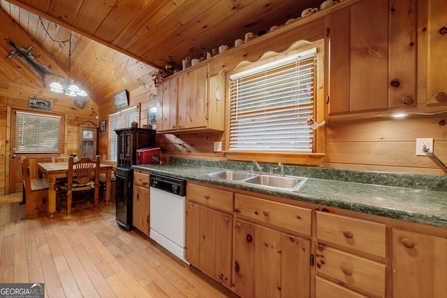 kitchen featuring dishwasher, sink, wooden ceiling, light hardwood / wood-style flooring, and wood walls