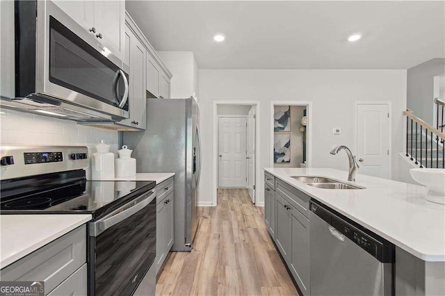 kitchen with gray cabinetry, sink, light wood-type flooring, appliances with stainless steel finishes, and tasteful backsplash