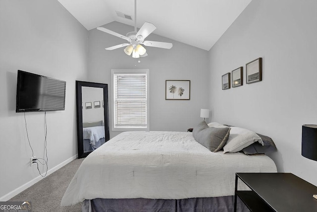 bedroom featuring ceiling fan, carpet floors, and vaulted ceiling