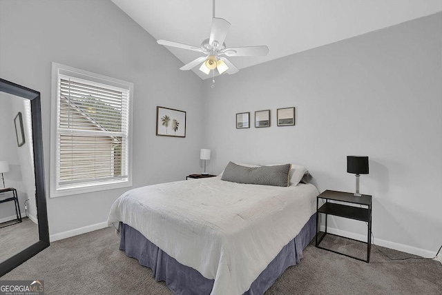 bedroom with carpet, ceiling fan, and lofted ceiling