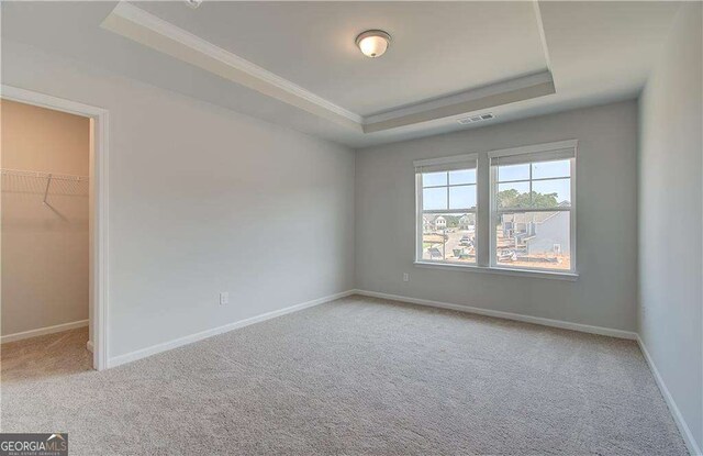 carpeted spare room with a tray ceiling