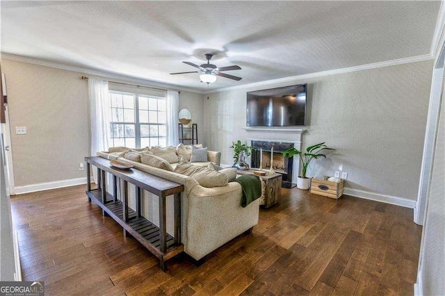 living room with ceiling fan, crown molding, and dark wood-type flooring