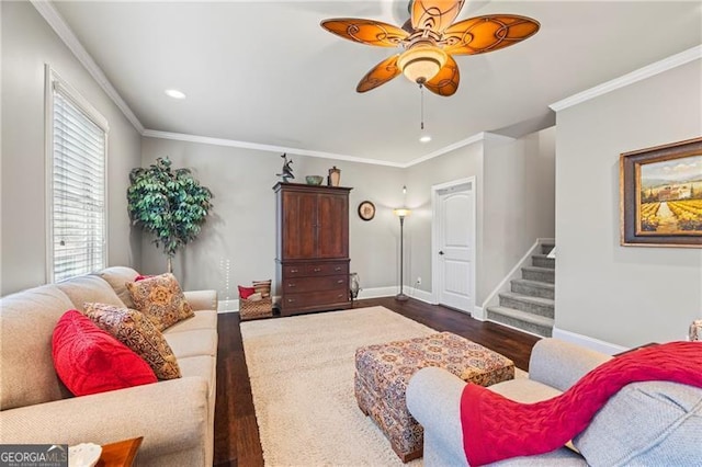 living room featuring ceiling fan, dark hardwood / wood-style flooring, and crown molding