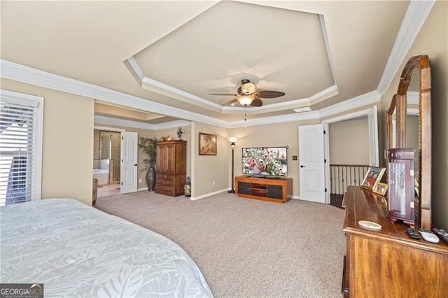 bedroom featuring a raised ceiling, ceiling fan, crown molding, and carpet floors