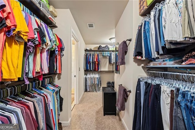 walk in closet with light carpet