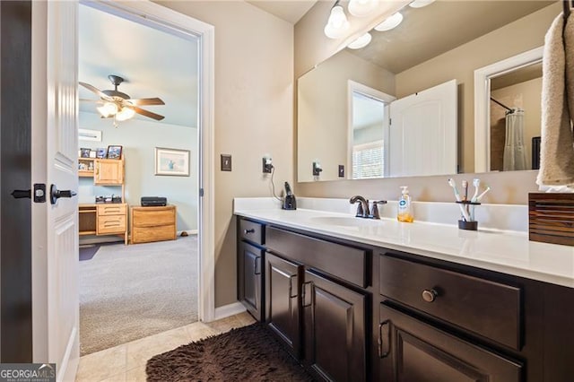 bathroom with vanity, tile patterned floors, and ceiling fan