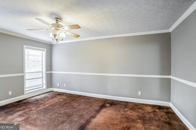 unfurnished room with a textured ceiling, ceiling fan, carpet floors, and ornamental molding