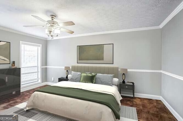 carpeted bedroom featuring ceiling fan, crown molding, and a textured ceiling