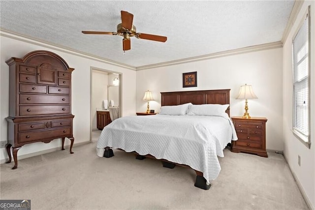 carpeted bedroom with a textured ceiling, ceiling fan, and crown molding