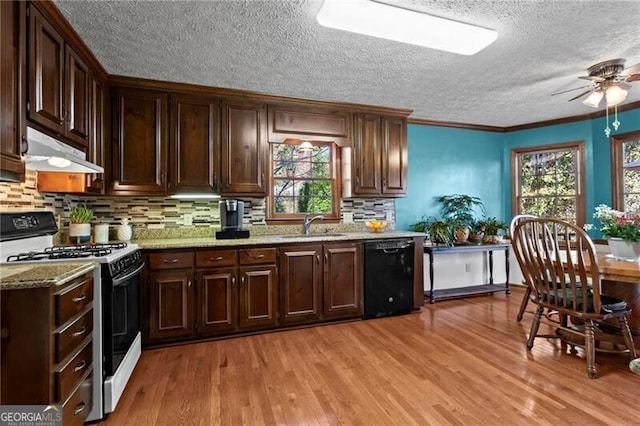 kitchen featuring sink, black dishwasher, light stone counters, light hardwood / wood-style flooring, and white range with gas stovetop