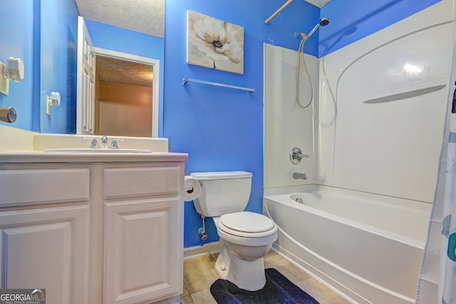 full bathroom with shower / bathtub combination with curtain, tile patterned floors, a textured ceiling, toilet, and vanity