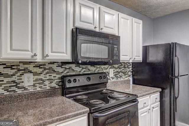 kitchen featuring a textured ceiling, backsplash, white cabinetry, and black appliances